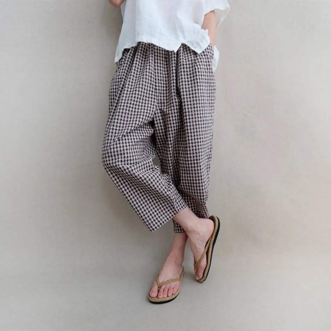 Women Cropped Pants Elastic Waist Pants Linen Pants Leisure - Etsy UK | Etsy (UK)