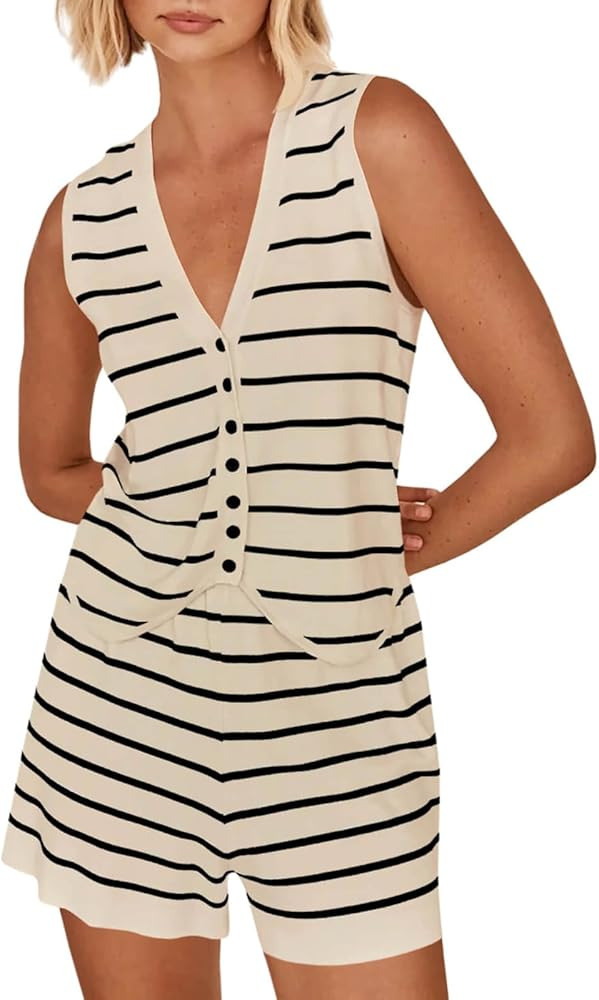 Imily Bela Womens 2 Piece Outfits Summer Striped Casual Lounge Sets Knit Sleeveless V Neck Tops S... | Amazon (US)