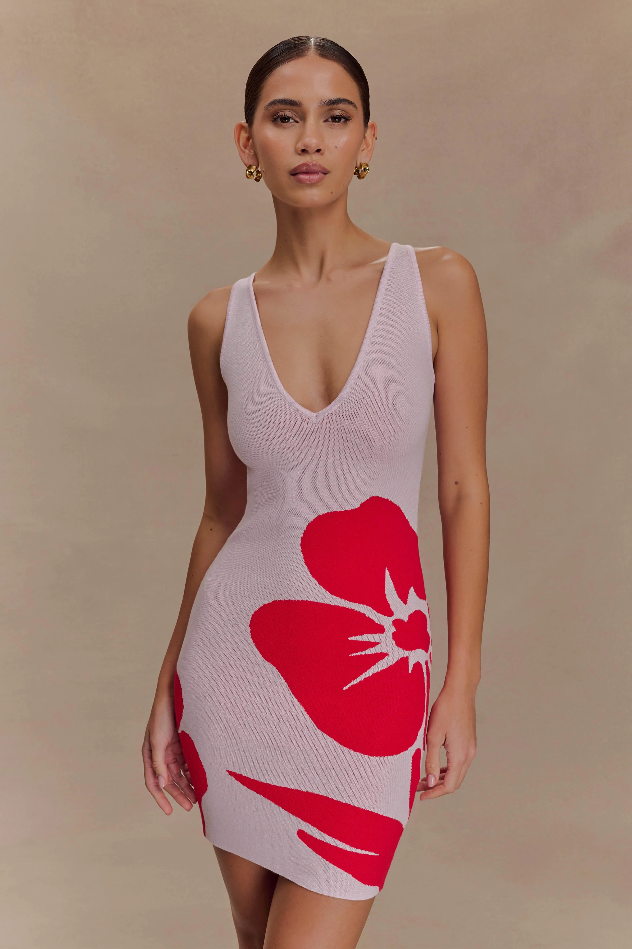 Knit Print Mini Dress - Red Deco Fleur Print | MESHKI US