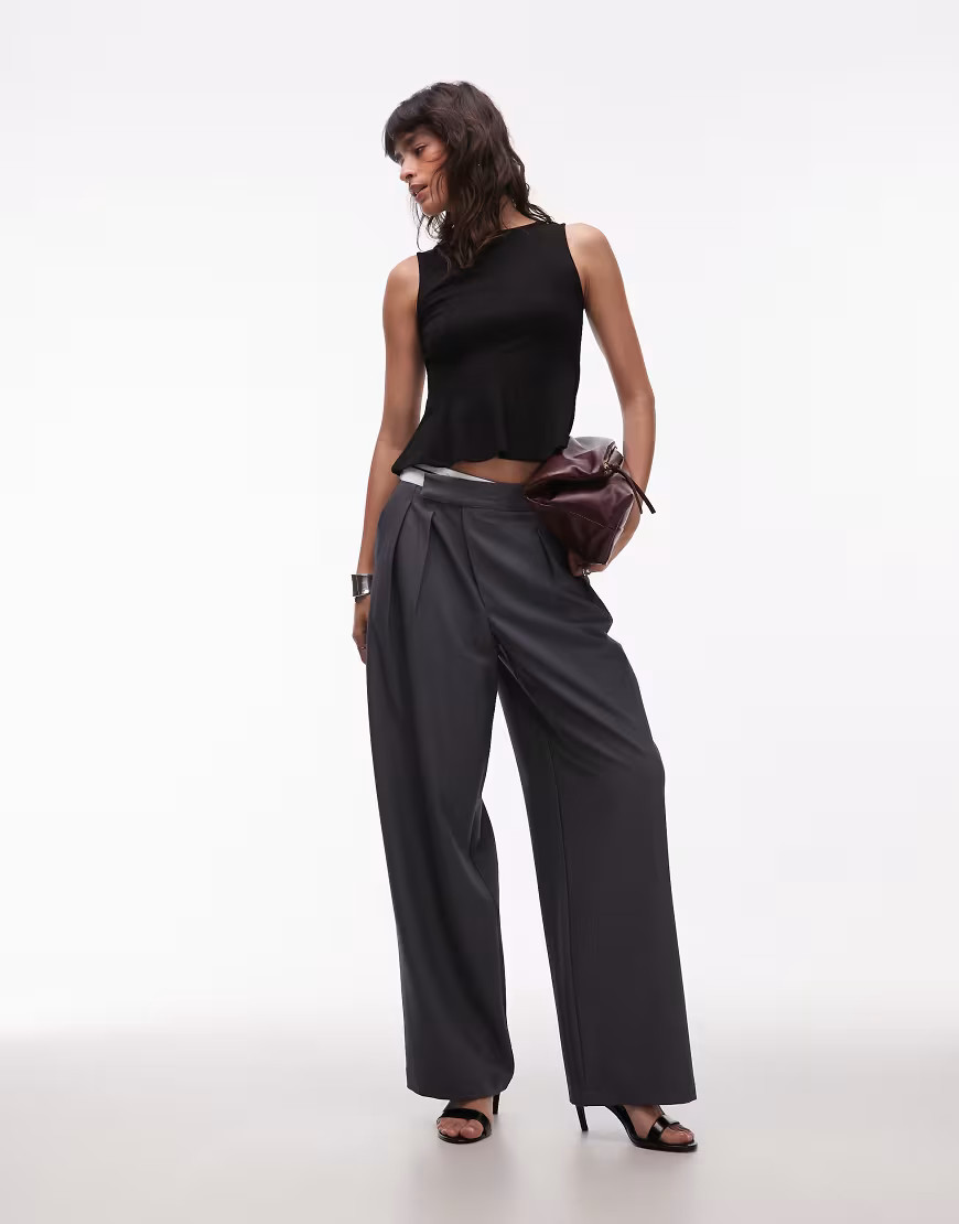 ASOS DESIGN DECON tailored wide leg deconstructed contrast waistband trousers in grey | ASOS (Global)