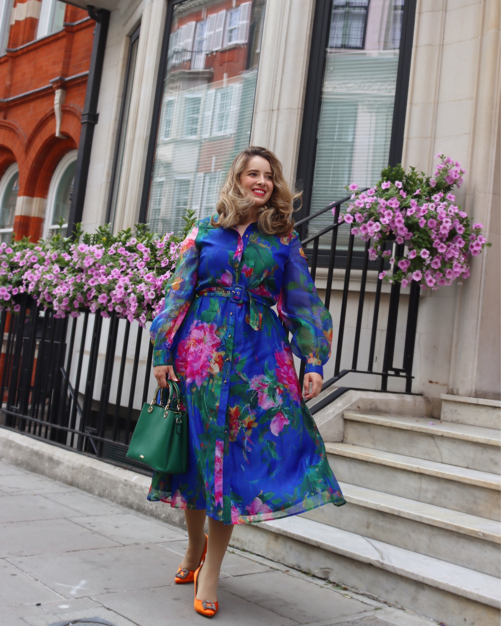 Blue long sleeve midi Organza floral dress. 