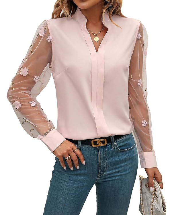 GORGLITTER Women's Floral Embroidery Mesh Long Sleeve Blouse Notched Neck Casual Shirt Tops | Amazon (US)