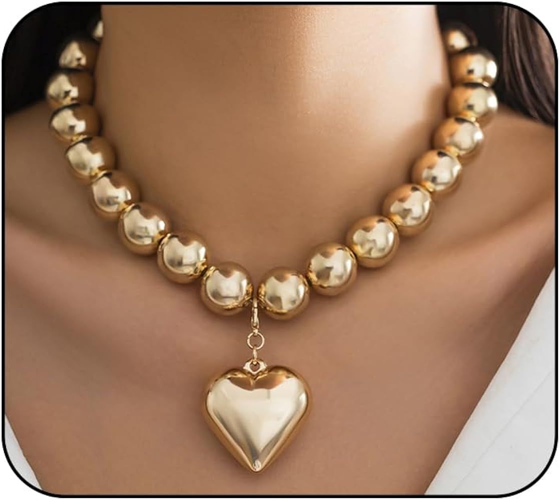 Gold Heart Necklace for Women Pearl Heart Necklace Chunky Heart Necklace Pearl Necklaces Love Hea... | Amazon (US)