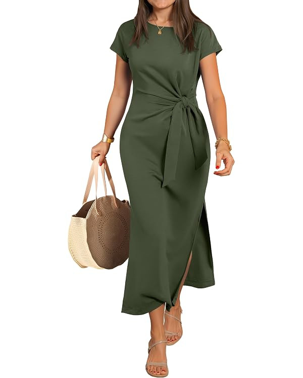 ANRABESS Womens Summer Wrinkle-Free Maxi Dress | Crew Neck, Tie Waist Split Fit Long Fashion Dres... | Amazon (US)