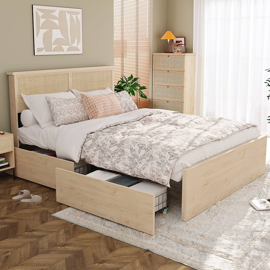 Yechen Queen Bed Frame with Natural Rattan Headboard and Wooden 4 Storage Drawers, Metal Platform... | Amazon (US)