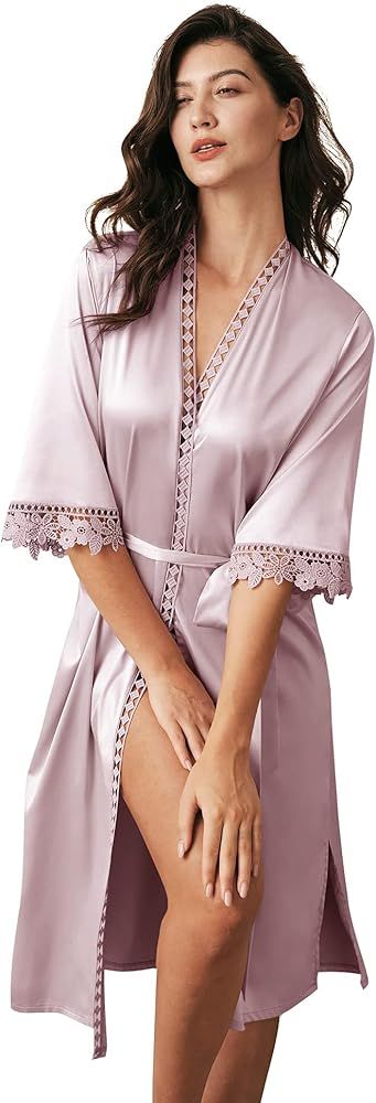 AW BRIDAL Bridesmaid Robes Women's Satin Robe Silk Robe with Lace Trim Long Bridal Party Robes We... | Amazon (US)