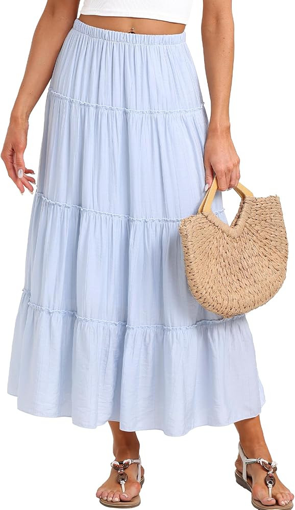 Beaully Long Skirts for Women Boho Elastic Waist Maxi Skirt Flowy Swing Tiered Beach Dress Trendy... | Amazon (US)