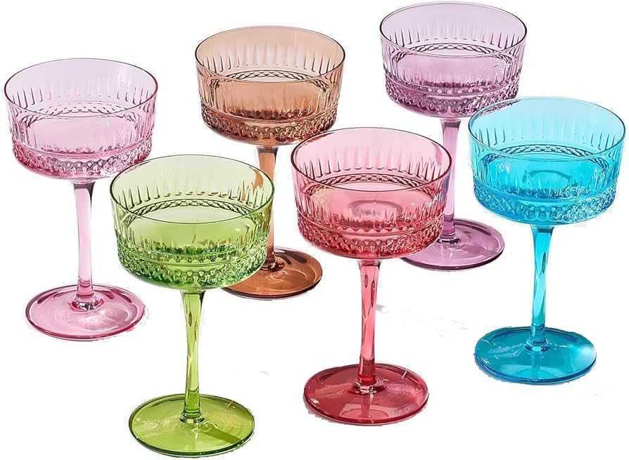 Art Deco Colored Crystal Coupe Glass | Set of 6 | Large 9.6oz Stemmed Glassware Bright Vintage Gl... | Amazon (US)