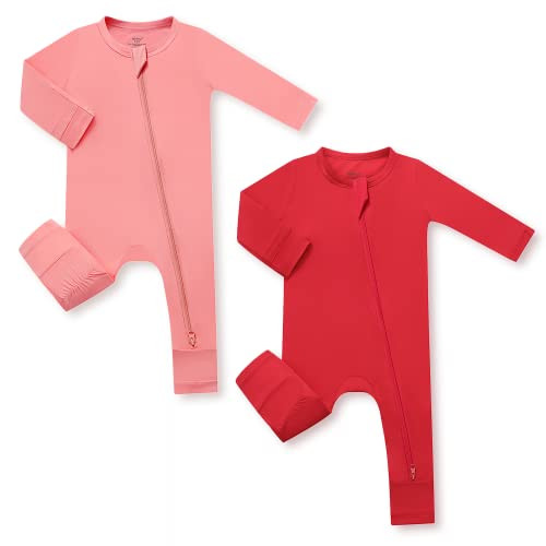 HAPIU Unisex Rayon Made from Bamboo Baby Rompers with Cuffs, 2 Way Zipper YKK, Footless Pajamas Jumpsuit, 2 Pack, Molten Lava & Strawberry Ice, Newborn | Amazon (US)