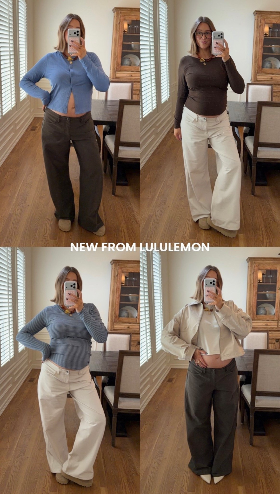 Size 10 in all lululemon tops, size 32 in EasyFive Pant (soft denim) low rise I went up 2 from my typical size for pregnancy. Love the fit they are slouchy and soft and so comfy!! 31” inseam. Tan jacket size L (sold out linked similar) 
#springstyle #casualstyle 