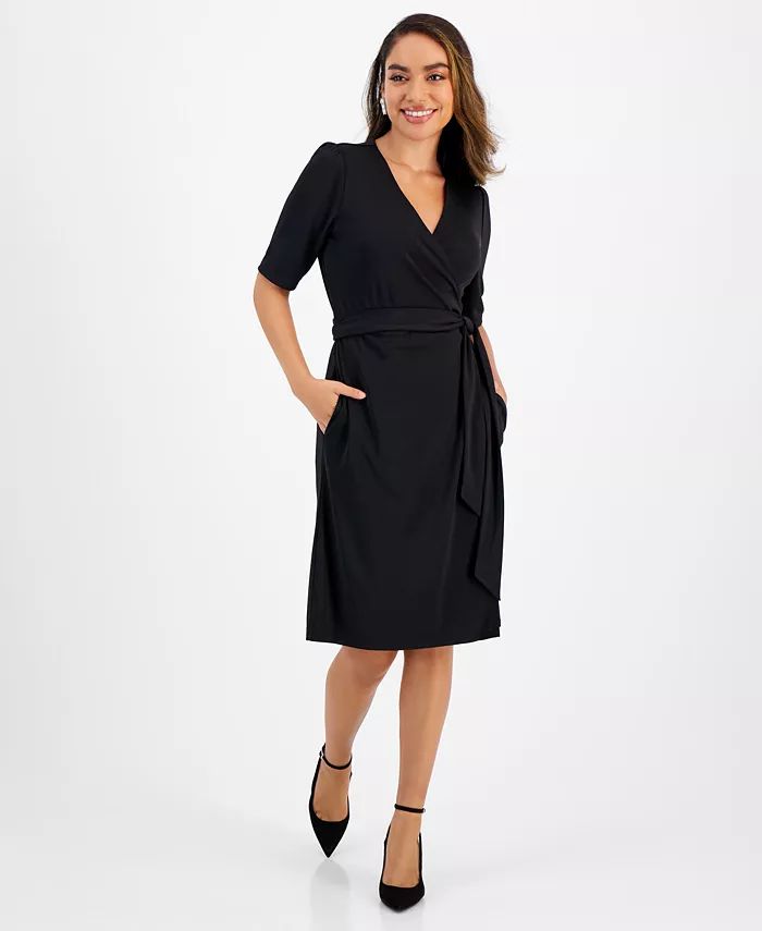 Petite Elbow-Sleeve Wrap-Style Dress, Created for Macy's | Macy's