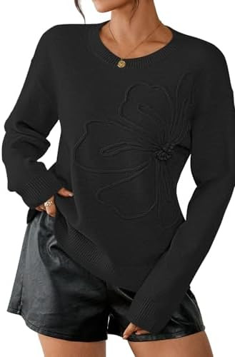 Pink Queen 2026 Women's Crew Neck Long Sleeve Pullover Sweater Ribbed Knit Floral Texture Casual ... | Amazon (US)