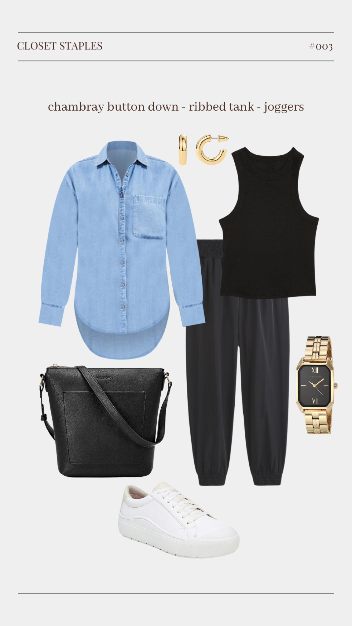 Chambray button down + ribbed tank + joggers 

#LTKshoecrush #LTKstyletip #LTKfindsunder50