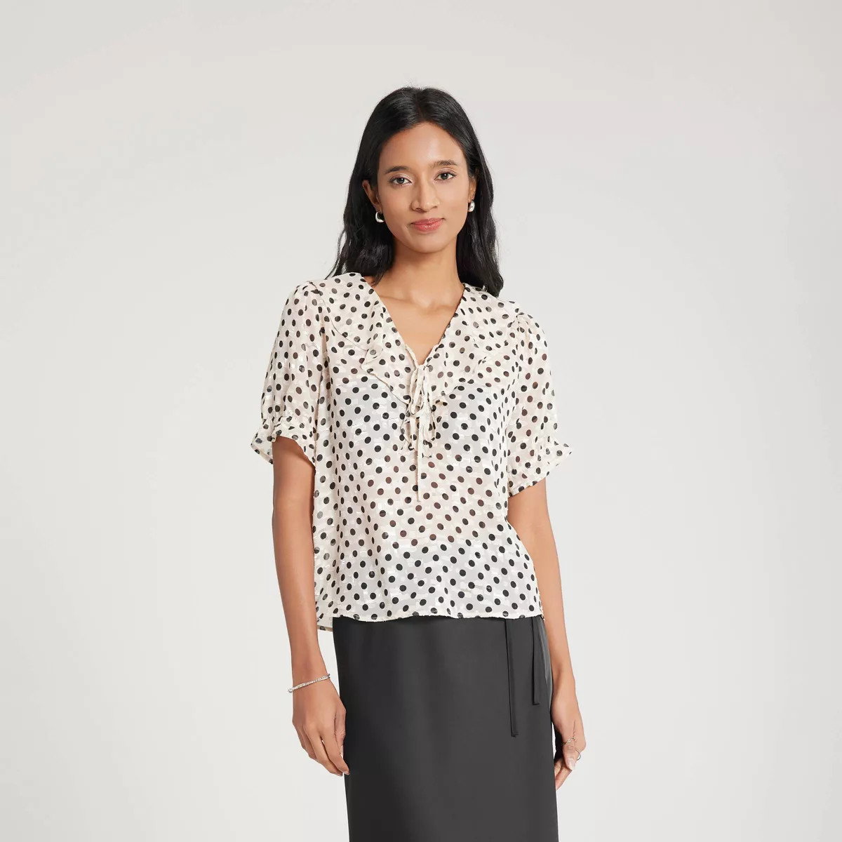 Women's Ruffled Neck Tie-Front Blouse - A New Day™ White Polka Dot L | Target
