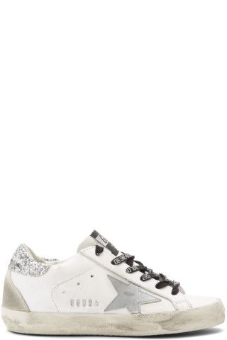 White & Silver Glitter Tab Superstar Sneakers | SSENSE 