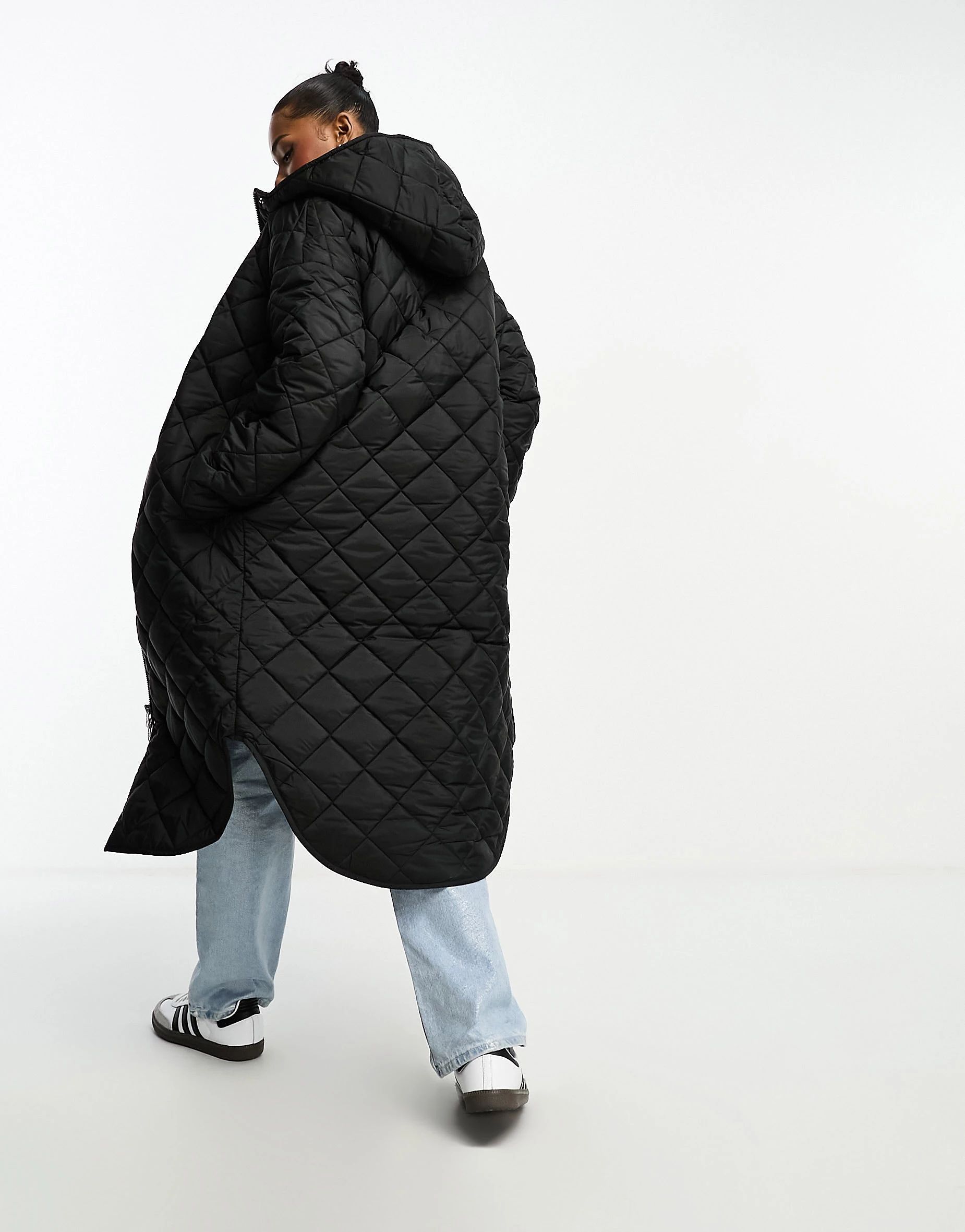 Monki long quilted coat with hood in black | ASOS (Global)