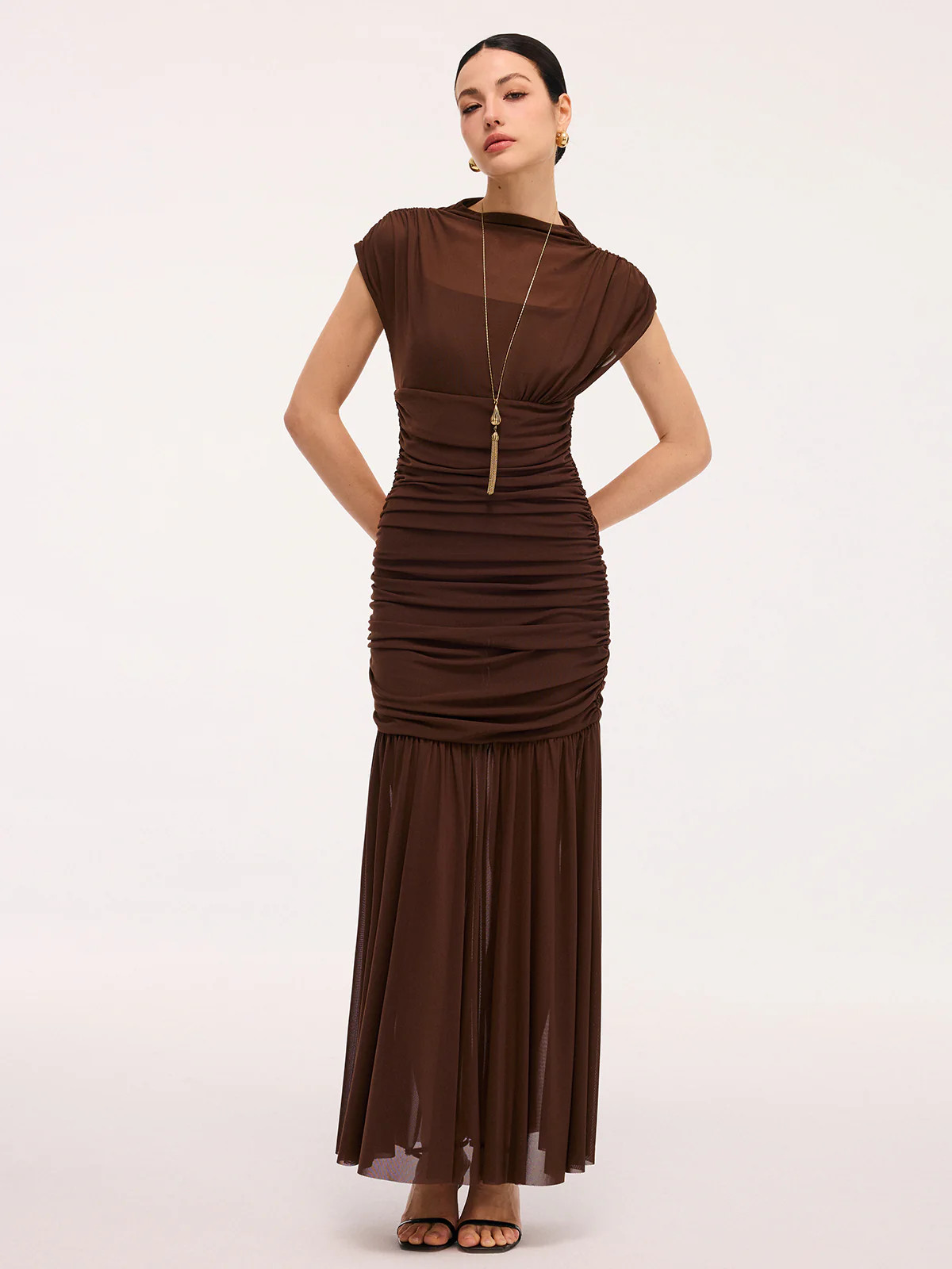 Semi-Sheer Ruched Mesh Cap Sleeve Maxi Dress | Commense