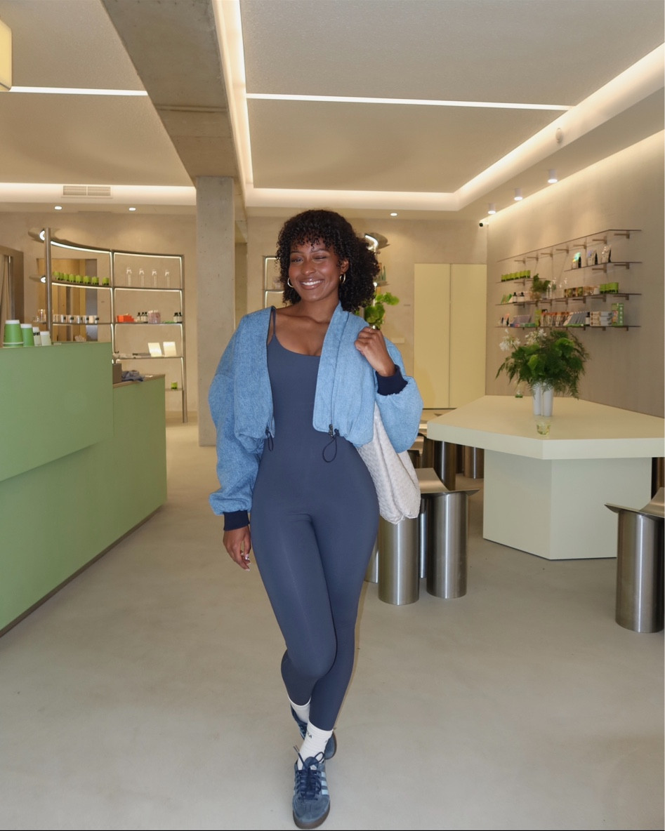 blue on blue🫐 bag is adax! wearing adanola romper unitard for a sporty casual chic look perfect for pilates or yoga or just for a coffee date with a denim levi’s jacket and adidas samba tennis sneakers and a bottega style bag

#LTKstyletip #LTKeurope #LTKSeasonal
