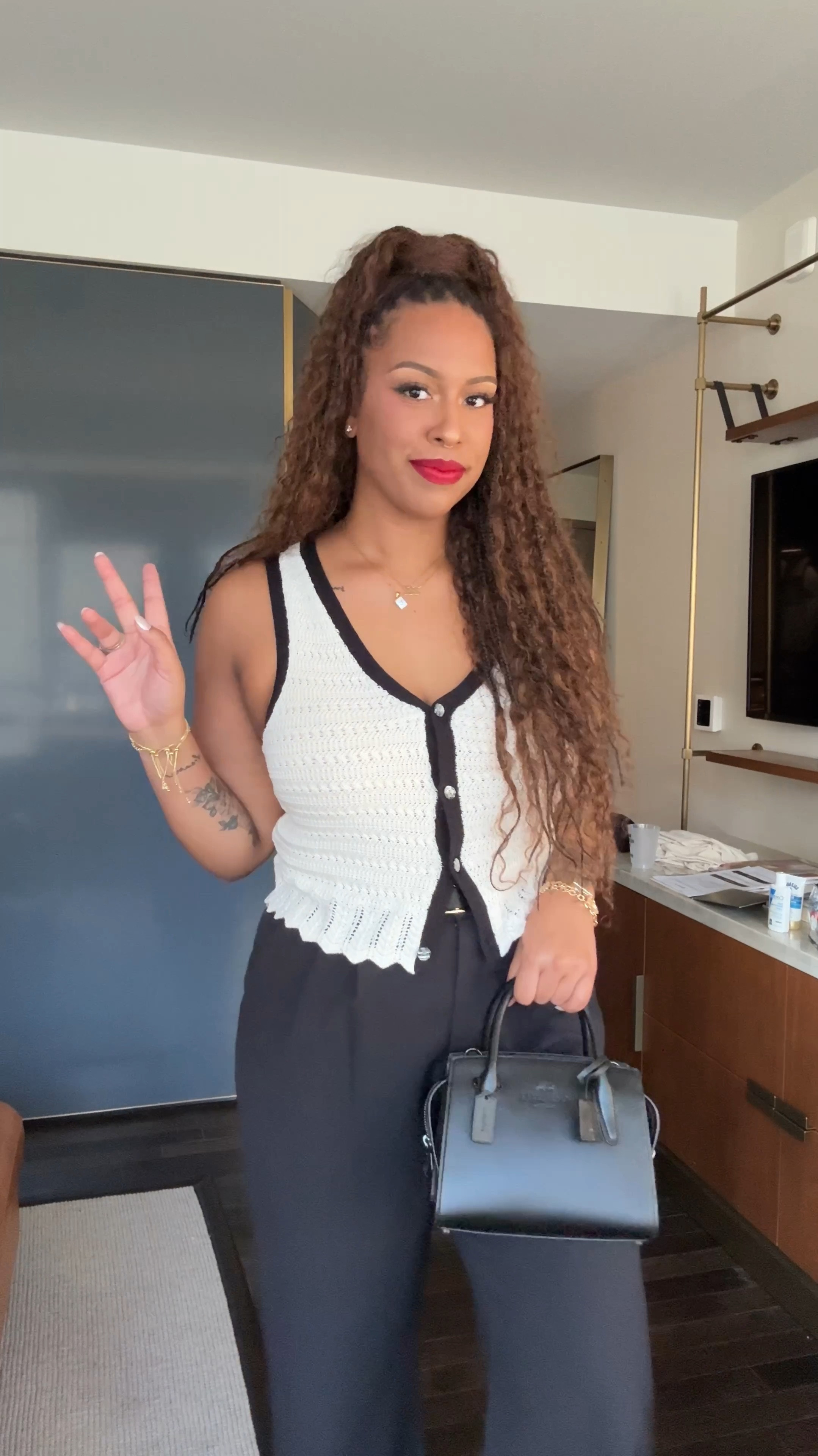 Day 2 LTK Con GRWM PT. 1: Classroom Sessions 
The vibe was snappy casual so I wore this vest (XL) and tailored pants from Abercrombie (14L).
•
Love these sandals from Amazon. A nice elevated sandal but of course comfortable.
•
My favorite red lip Bawse Lady from the lip bar.
•
Necklaces: SHEIN + Amazon
•
Bracelets: Fashion Nova + Marshalls
•
Bag: Coach

#LTKVideo #LTKStyleTip #LTKCon