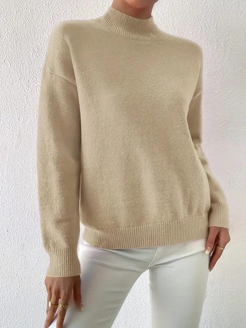 Solid Mock Neck Knit Sweater Casual Drop Shoulder Long - Temu Canada | Temu Affiliate Program