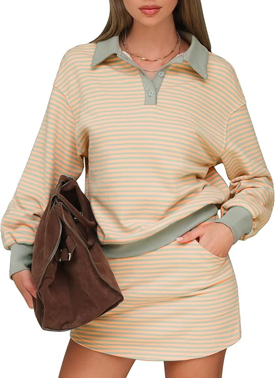 EXLURA Womens Two Piece Sets Cotton Striped Sweatshirt Matching Skirt Skort Tennis Vacation Cruis... | Amazon (US)
