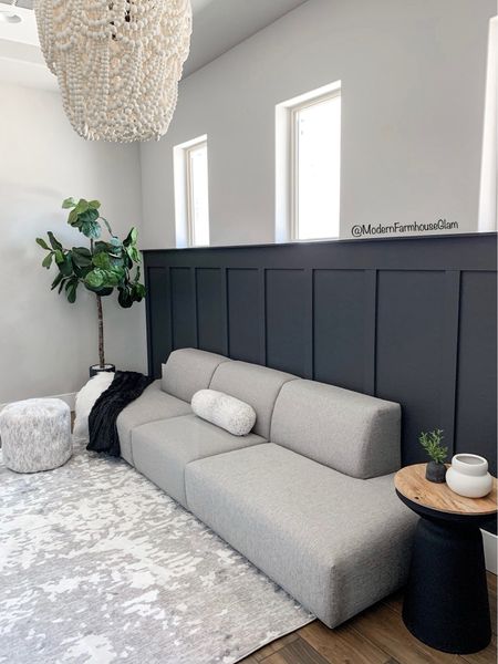 Our Game Room furniture, natural area rug and beaded Chandelier at Modern Farmhouse Glam. Modern couch  
Home decor. Black accent table. Coffee table. McGee and Company, target home, white vase, dark grey black paint colors

#LTKhome
