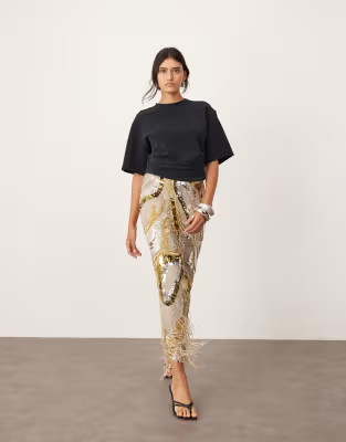 ASOS EDITION embellished swirl midi skirt with fringe in gold | ASOS (Global)