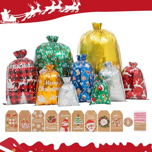 Senteria Christmas Gift Bags-52Pcs Drawstring Gift Bags Xmas Christmas Bags with Drawstring for Wrapping Christmas Gifts Presents with Ribbon Ties and Christmas Tags(Large Medium Small Size) | Amazon (US)