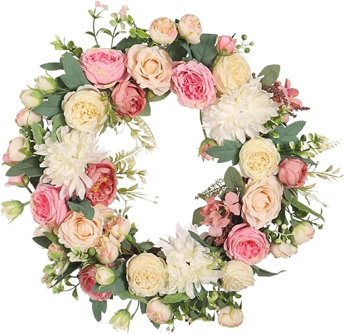 16 Inch Spring Summer Wreaths for Front Door, Artificial Floral Door Wreath with Grapevine and Gr... | Amazon (US)