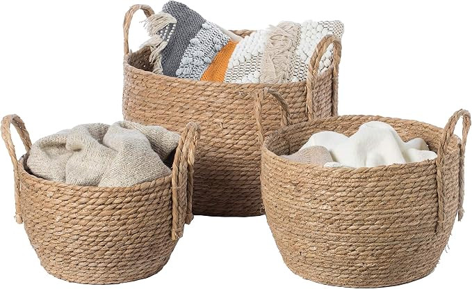 Vintiquewise Decorative Round Wicker Woven Rope Storage Blanket Basket with Braided Handles - Set... | Amazon (US)