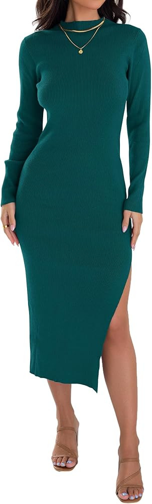 ZESICA Women's 2026 Ribbed Knit Dress Long Sleeve Mock Neck Slim Fit Side Slit Fall Elegant Sweat... | Amazon (US)