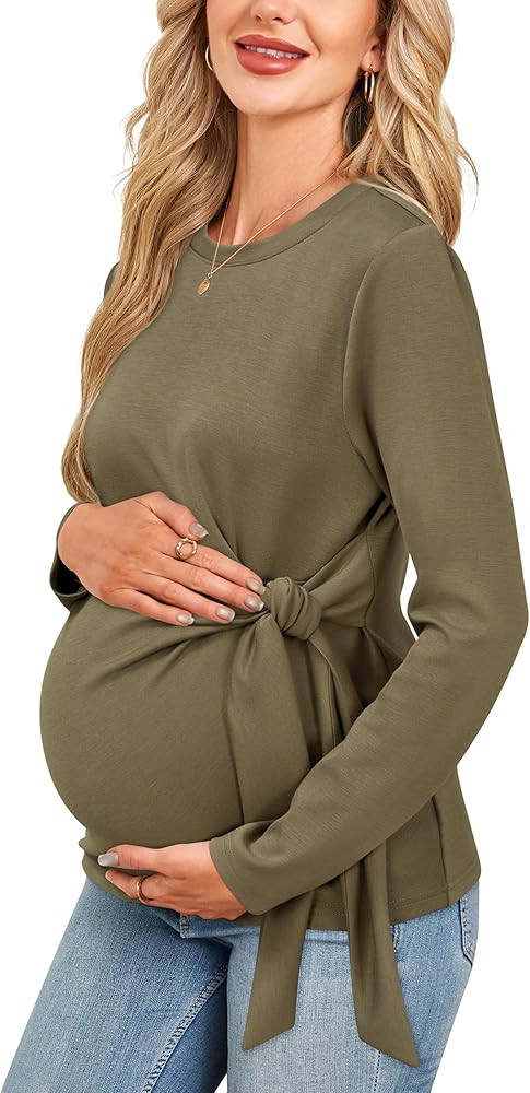 OUGES Women's Bow Tie Waist Maternity Shirts Long Sleeve Pregnancy Tops Crew Neck Fall Winter Ele... | Amazon (US)