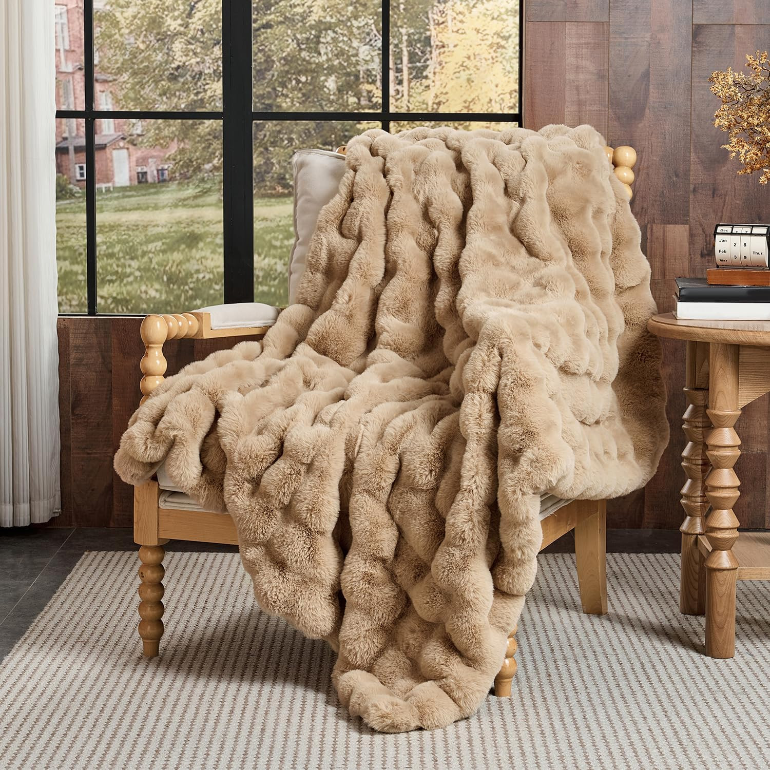 Lotus Karen Faux Fur Throw Blanket Khaki - Big Bubble Rabbit Fluff Blanket for Couch, Small Fluffy Fuzzy Cozy Blanket, Thick Furry Plush Shaggy Blankets, 50x60 Inches | Amazon (US)