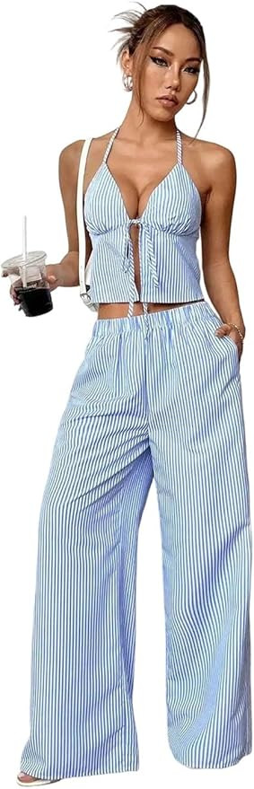 Women Summer Striped Lace Up Cropped Vest High Waist Wide Leg Trouser Set | Amazon (US)