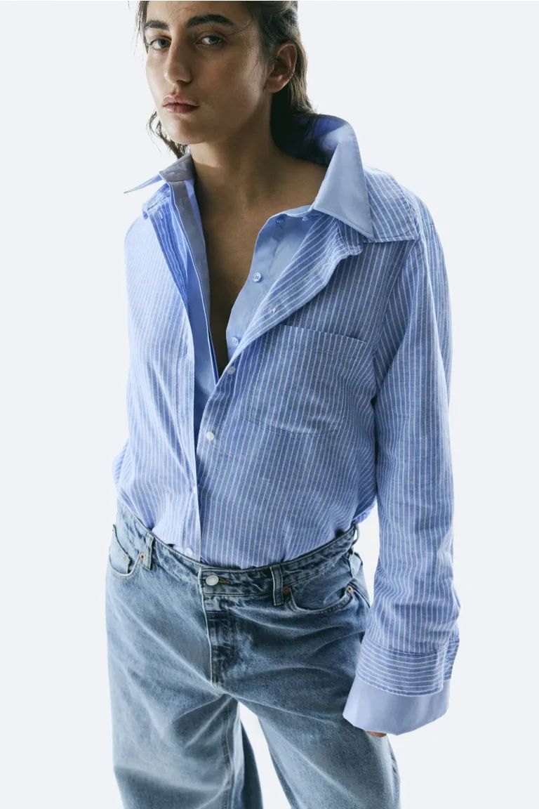 Linen-blend Shirt - Blue/white striped - Ladies | H&M US | H&M (US + CA)