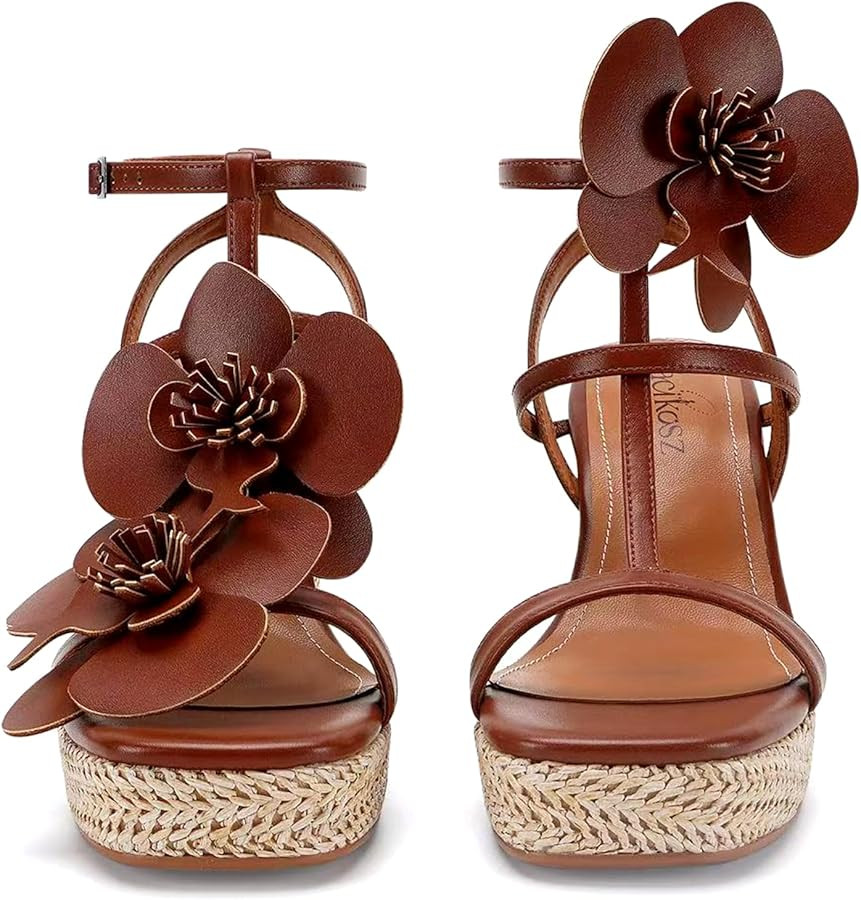 Floral High Heels Womens Strappy Sandals Wedding Bride Dressy Shoes Open Toe Ankle Strap Sandals | Amazon (US)