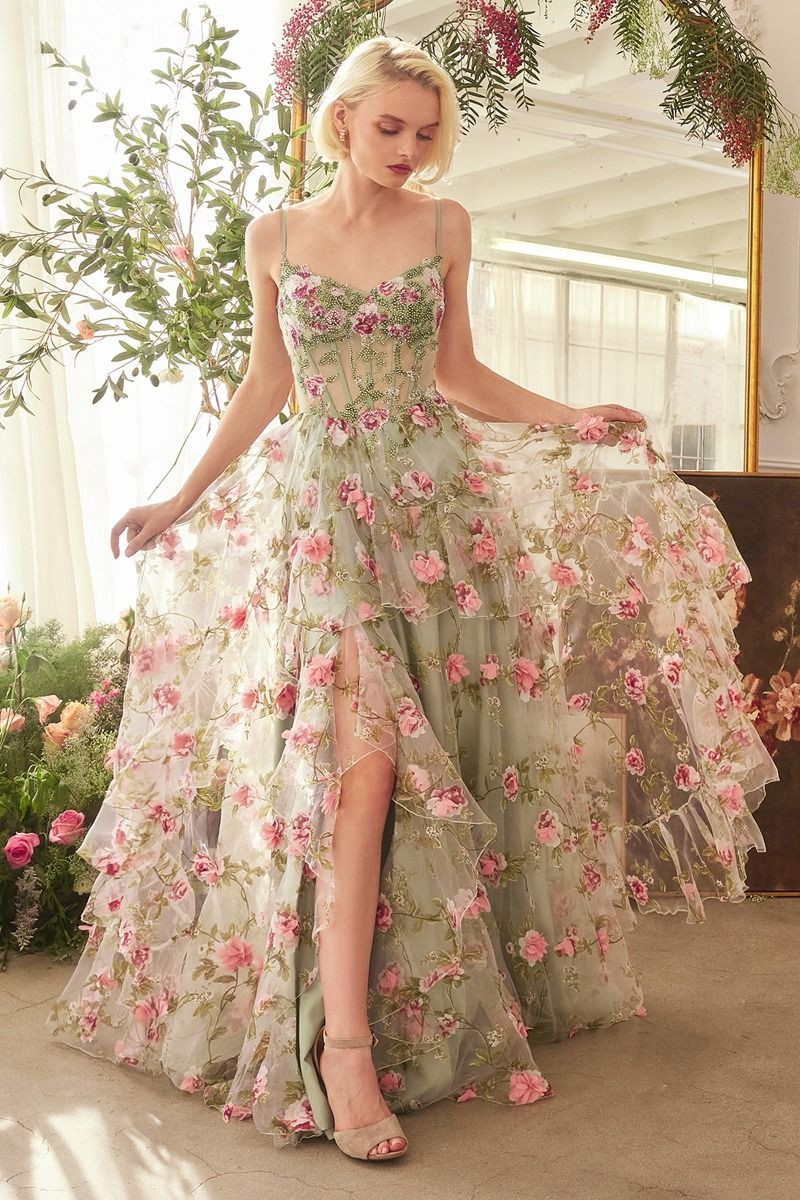 Stunning A1420 SAGE FLORAL PRINT LAYERED A-LINE DRESS | Andrea & Leo Couture | Lady Black Tie