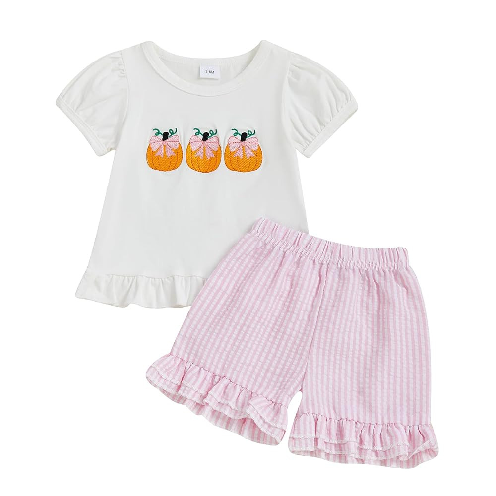 Rtnnsbbfcm Toddler Baby Girl Halloween Outfit Bow Pumpkin Embroidery Short Sleeve T-shirt Tops St... | Amazon (US)