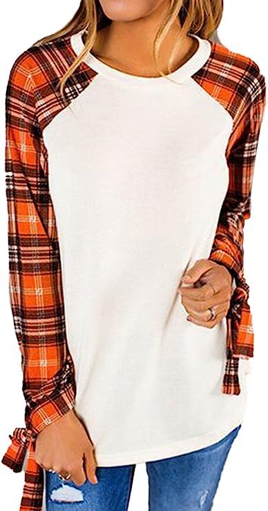 Famulily Women's Casual Raglan Tie Sleeve Plaid Print T Shirt Tops | Amazon (US)