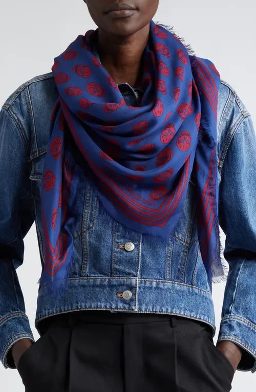 Alexander McQueen Biker Skull Print Scarf in Indigo/Ruby at Nordstrom | Nordstrom