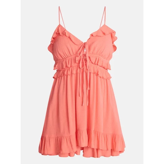 No Boundaries Sleeveless Tie Front Ruffle Romper, Women's XXS-XXL | Walmart (US)