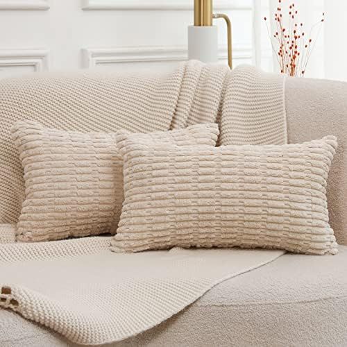 MANDIOO Set of 2 Beige Plush Boho Decorative Throw Pillow Covers 12x20 Inch,Super Soft Striped Co... | Amazon (US)
