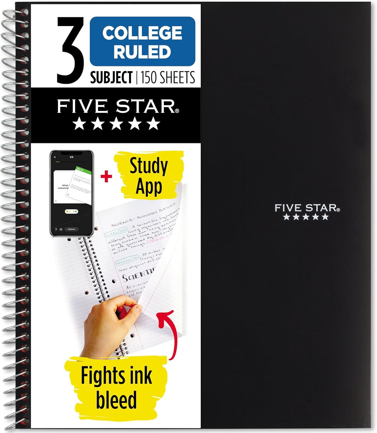 Five Star Spiral Notebook + Study App, 3 Subject, College Ruled Paper, Fights Ink Bleed, Water Re... | Amazon (US)