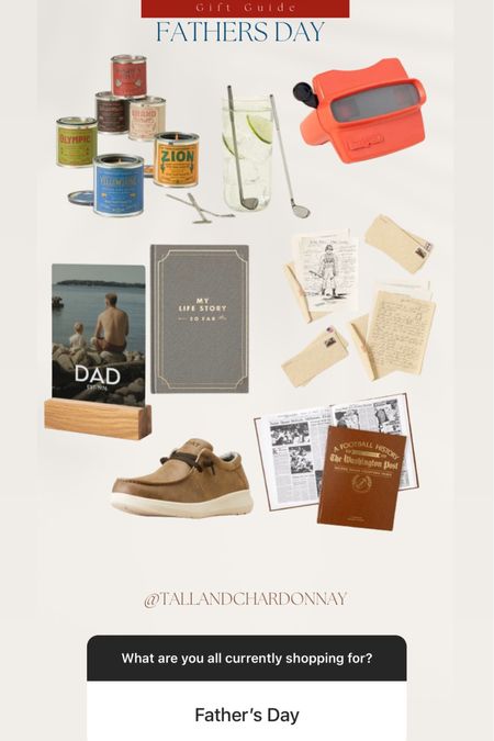 Father’s Day Gift Ideas 

National Park Candlr
Golf club cocktail mixture 
Dad photo frame 
My life journal 
History subscription 
Arita shoes 

#LTKGiftGuide #LTKSeasonal #LTKStyleTip