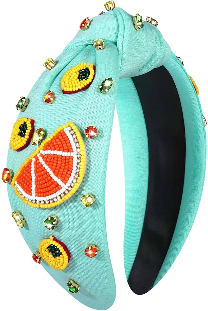 Summer Headband for Women Beaded Flower Palm Leaf Watermelon Fruit Headband Rhinestone Jeweled Kn... | Amazon (US)
