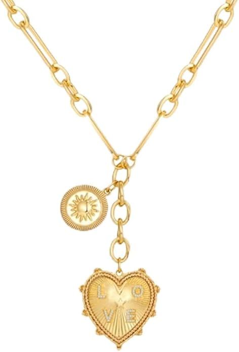 Sun Heart Pendant Choker Necklace for Women Chunky Chain Neutral Jewelry with 18K Gold Plating | Amazon (US)