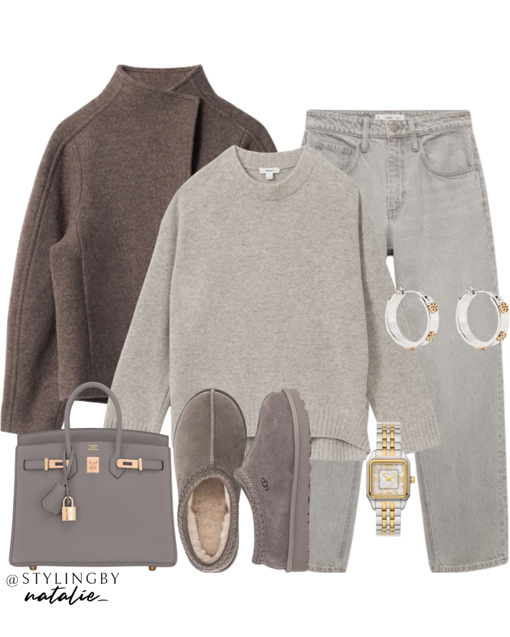 Asymmetric wool jacket, cashmere crew neck jumper, grey tapered jeans, Ugg Tasman,  two tone watch and earrings.  

#LTKuk #LTKeurope #LTKstyletip