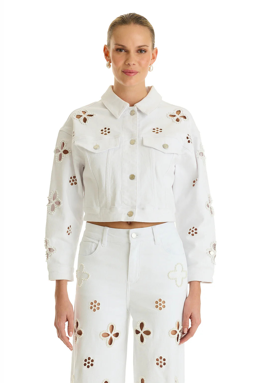 Kaia Pearl Jean Jacket - White | The Noli Shop