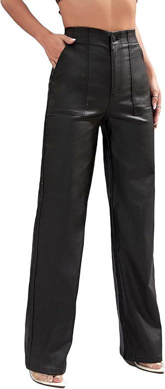 MakeMeChic Women's Casual High Waist PU Leather Straight Leg Jeans Denim Pants | Amazon (US)