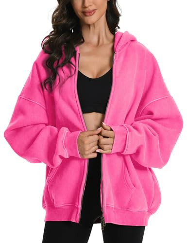FAIABLE Womens Mens Double Zip Up Hoodie Oversized Acid Wash Heavyweight Hoodies Distress Cotton Fleece Vintage Y2k Full Zipper Couples Sweatshirt Pink | Amazon (US)